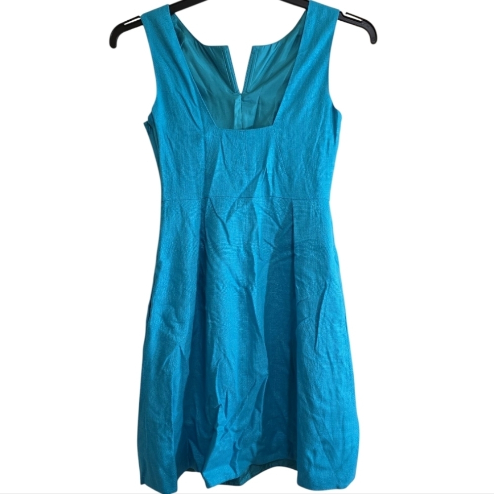 Kate Spade Linen Blend Blue Knee Length Dress 8 Notch Neck Pleat Waist Side Zip - Picture 5 of 8